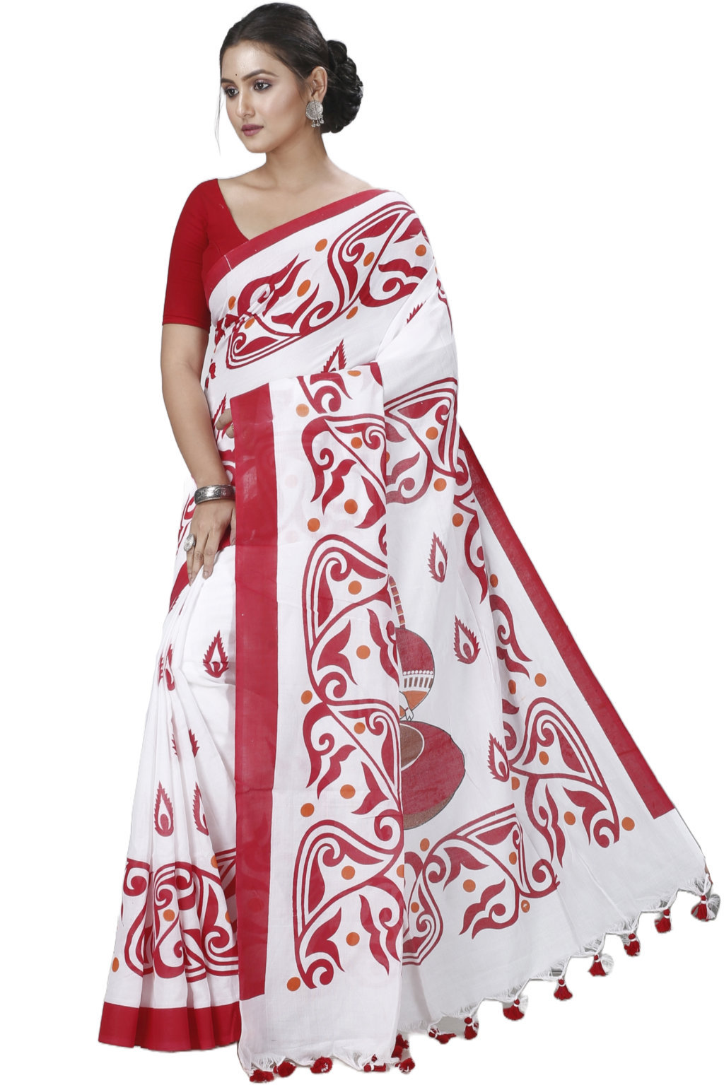 Red White Pure Cotton Teba Printed Handloom Saree (1262)